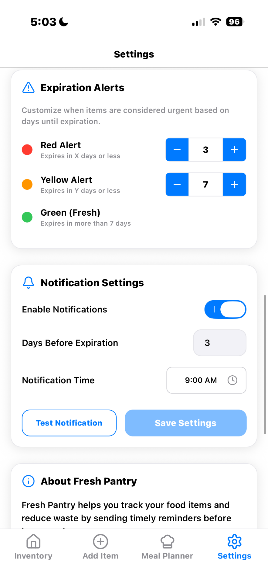 Fresh Pantry pre-release settings screen with expiration alert thresholds